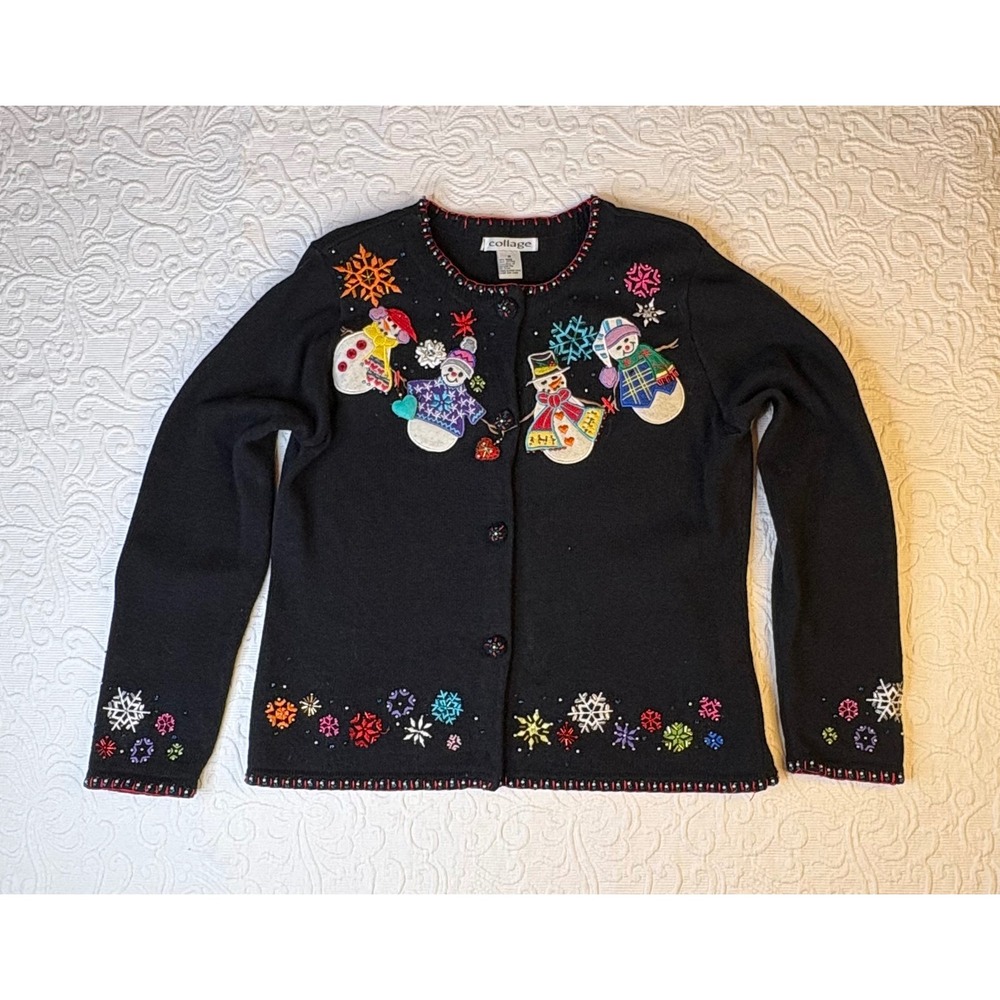 VTG Berek by Collage Women Black Snowman Ugly Christmas Sweater Cardigan M